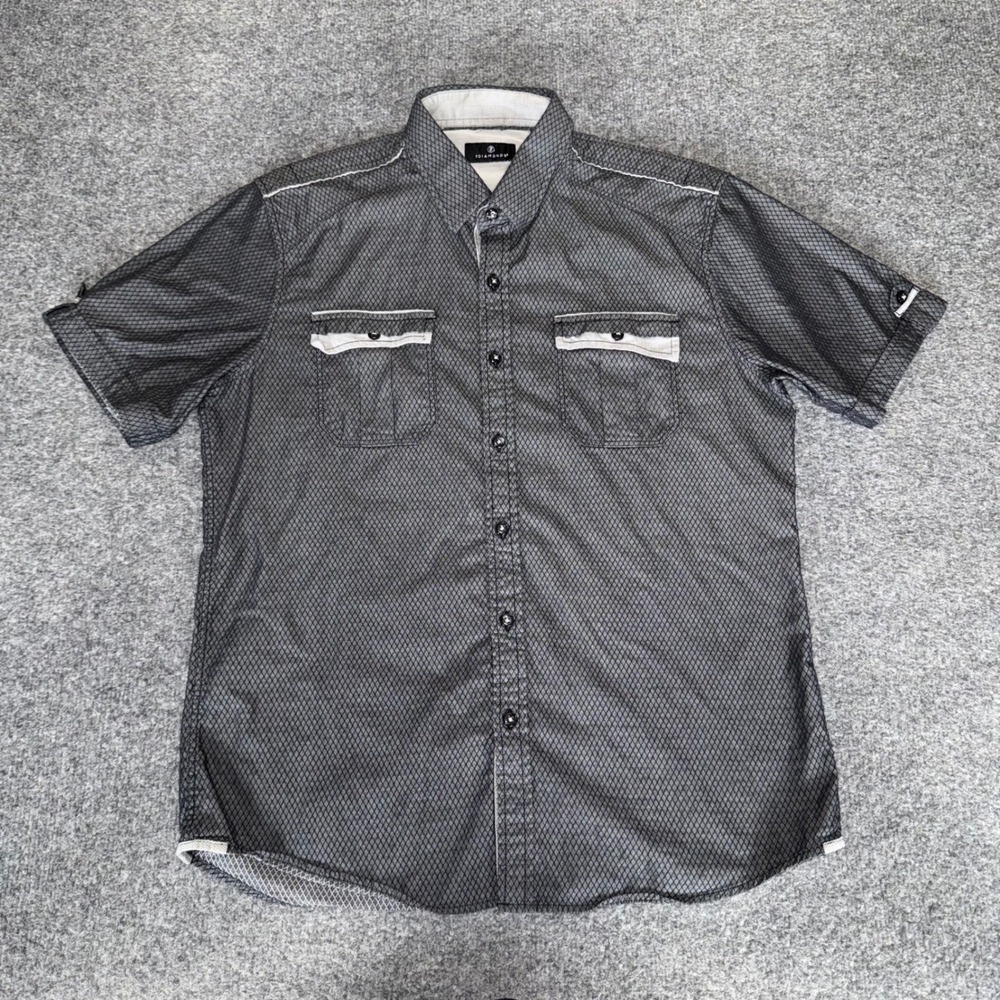 7 Diamonds Shirt‎ Mens Large Gray Diamond Grid Short Sleeve Button Down Casual